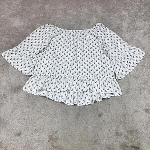 Veronica M Blouse Womens White Blue Floral Bell Sleeve Size Medium